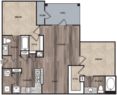 Floor plan for 2 beds, 2 baths, 1118 sqft